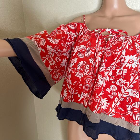 Double Zero blouse top flowy cold shoulder red/blue Hawaiian SZ SM 100% cotton - Picture 3 of 8